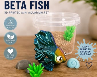 3D Printed Pet Betta Fish in Mini Aquarium Bucket | Cute Desk Pet | Handmade Mini Fish Gift | Real Sand Aquarium