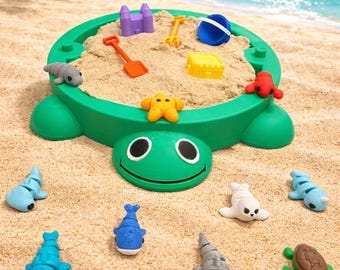 3d Printed Turtle & Crab Mini Sandbox with 3D Printed Articulated Sea Life | Sensory Play Set | Mini Ocean Toy | Moon Sand