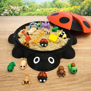 May include: A black ladybug-shaped sandbox filled with sand and miniature toys. The sandbox has a red and black ladybug lid. The toys include a shovel, rake, and various insect-shaped figurines. The scene is set on a wooden surface.