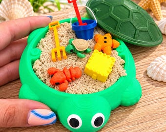 Mini Turtle Sandbox(3.5 in) | 3D Printed Sensory Play Kit | Moon Sand with 3 Mystery Articulated Sea Animals | Travel Toy Gift