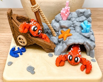 Articulated Crab Toy Playset | 3D Printed Ocean Scene, Shipwreck, Coral Reef