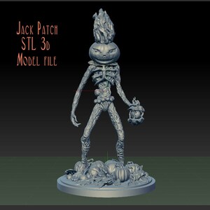 May include: A 3D printed model of a Jack O' Lantern creature with a skeletal body, holding a lantern and standing on a base of pumpkins. The model is gray and has a textured surface. The text "Jack Patch STL 3D Model File" is visible in the image.