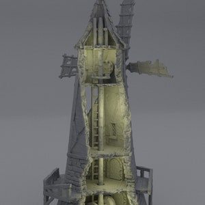 May include: A detailed, cutaway view of a gray stone windmill model. The interior of the windmill is visible, showing the wooden gears and a ladder leading up to the top. The windmill has a wooden frame and a thatched roof.