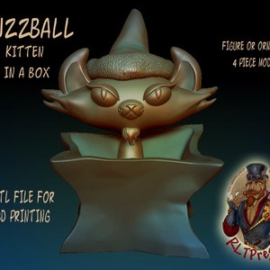 May include: A 3D printed model of a kitten wearing a witch's hat, sitting inside a box. The model is made of a light brown plastic and is designed to be printed in four pieces. The model is labeled "Fuzzball Kitten in a Box" and "STL File for 3D Printing".