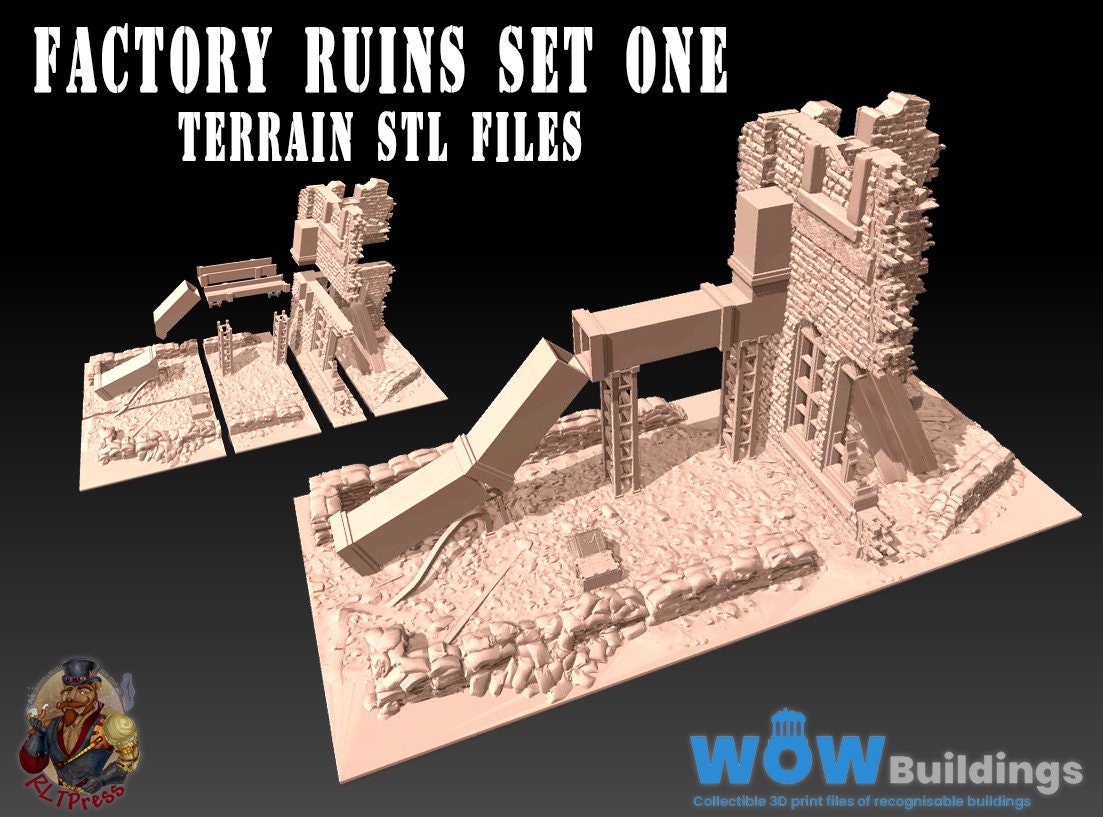 Ruined Factory Terrain Set 1 STL: 3D-print oorlogsgames (digitale download)