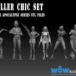 Könnte beinhalten: Graustufenbild eines Sets von 3D-gedruckten Figuren mit dem Titel "ROLLER CHIC SET" aus der "ZOMBIE APOCALYPSE SERIES STL FILES". Die Figuren zeigen Frauen in Actionposen, bewaffnet mit Waffen und mit Rollschuhen. Das WOW Buildings-Logo ist sichtbar.