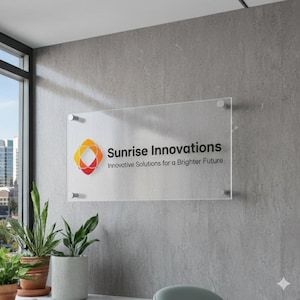 Peut inclure: Panneau en acrylique transparent avec le texte "Sunrise Innovations" et la devise "Innovative Solutions for a Brighter Future". Le panneau est fixé sur un mur gris texturé avec des entretoises argentées. Le logo est orange, jaune et rouge.