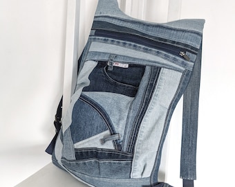 Recycled denim backpack, Patchwork unisex backpack, Handmade upcycled backpack