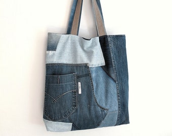 Big upcycled jeans handbag for shopping, unique womens patchwork bag, blue jeans multi-purpose vegan bag, Trend summer 2021