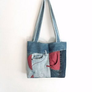 Recycled denim urban bag, Patchwork womens bag, Denim hipster bag, Jeans blue bag,Vegan denim tote
