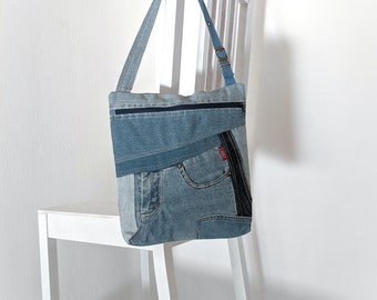 Recycled denim shoulder  bag, OOAK vegan bag, Jeans messenger bag, Patchwork messenger bag, Handmade mono sling bag