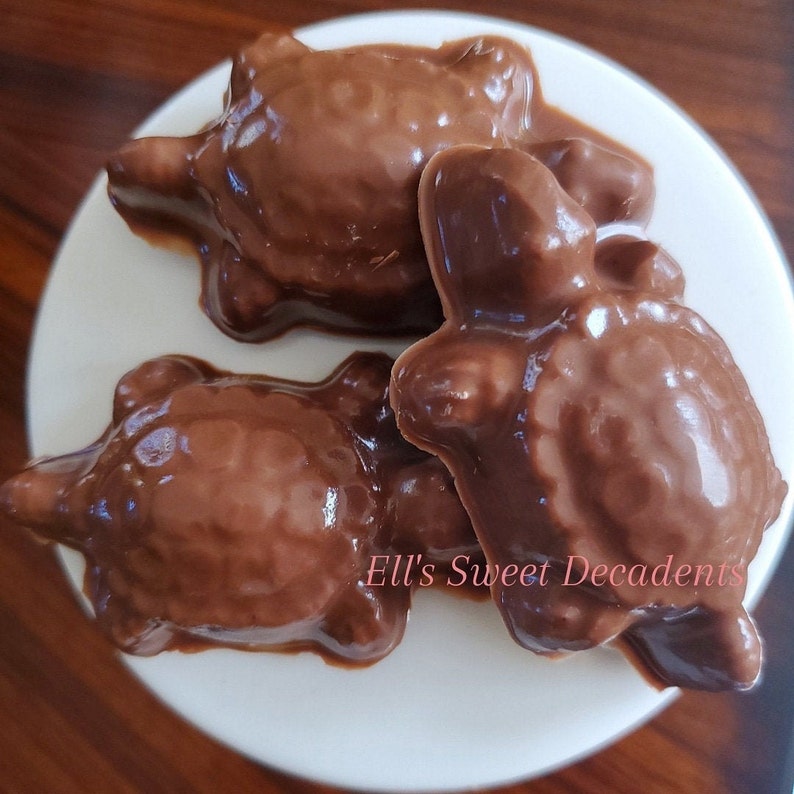 May include: Three chocolate turtle candies on a white plate. The turtles are made of dark chocolate and have a smooth, glossy finish. The text "Ell's Sweet Decadents" is visible on the plate.