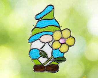 Gnome stained glass window hanging, hanging glass art, garden gnome suncatcher