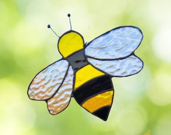Stained glass bee window hanging, bumble bee suncatcher, hanging glass art