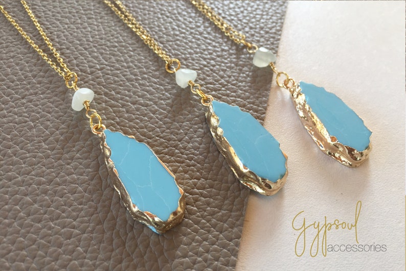 Turquoise Blue Crystal Charm Necklace Moonstone Chip Bead Gold Necklace Bridesmaid Gift Simple Necklace. Bridal Necklace