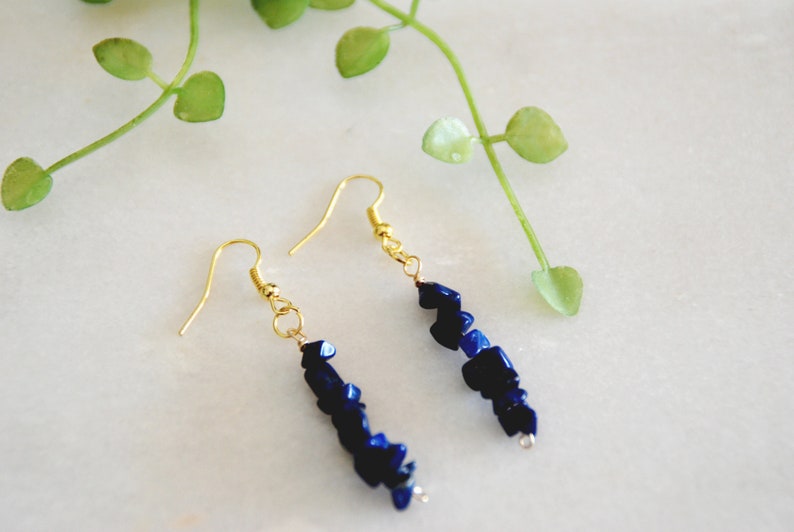 Birthday gift Lapis Lazuli September Birthstone Chip Bead Earrings Boho Earrings Dark Blue Gemstone earrings Gold Tone Gift for her