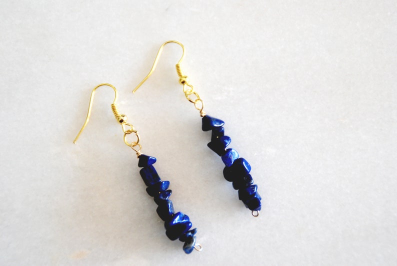 Birthday gift Lapis Lazuli September Birthstone Chip Bead Earrings Boho Earrings Dark Blue Gemstone earrings Gold Tone Gift for her