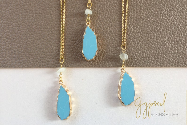 Turquoise Blue Crystal Charm Necklace Moonstone Chip Bead Gold Necklace Bridesmaid Gift Simple Necklace. Bridal Necklace