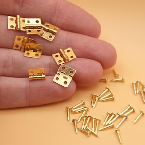 May include: Small, gold-colored miniature hinges and nails. The hinges are rectangular with two leaves and a central hinge. The nails have a small, rounded head and a pointed tip. Ideal for small craft projects.