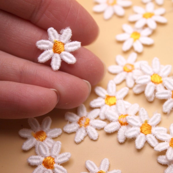 Daisy 20 or 40 Pk Miniature Embroidered White Flower Blooms for 1:6 Scale Doll Hat, Sewing Applique, Hair Crafts, Doll Clothes, Scrapbooking