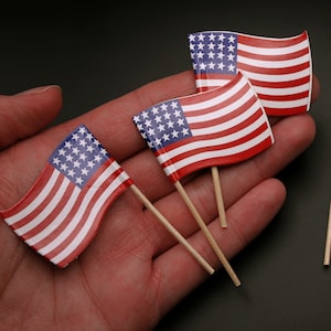 American Flag 12 Pk Miniature 1:50 Scale Paper Flags for Fairy Garden, Terrarium - 4th of July, Memorial Day Miniature - Cupcake Topper