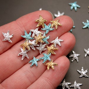 Glitter Starfish 50 Pk Blue Gold & Silver Mix Miniature Glitter Star Fish for Zen Garden, Fairy Beach, Terrarium or Resin Filler