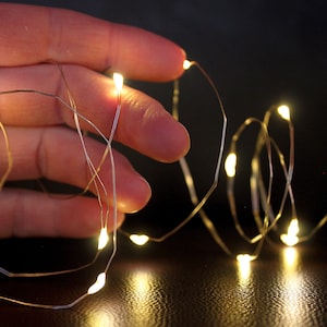 May include: Close-up of warm white LED string lights. The tiny lights are on a thin, flexible silver wire. The lights are glowing brightly against a dark background. The lights are being held by a hand.