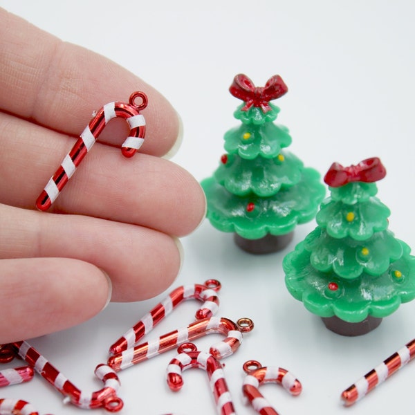 Candy Cane Ornaments 12 or 24 or 50 Pk Mini Red & White Plastic Charm for Tiny Christmas Tree, Miniature Wreath, Jewelry Making or Dollhouse