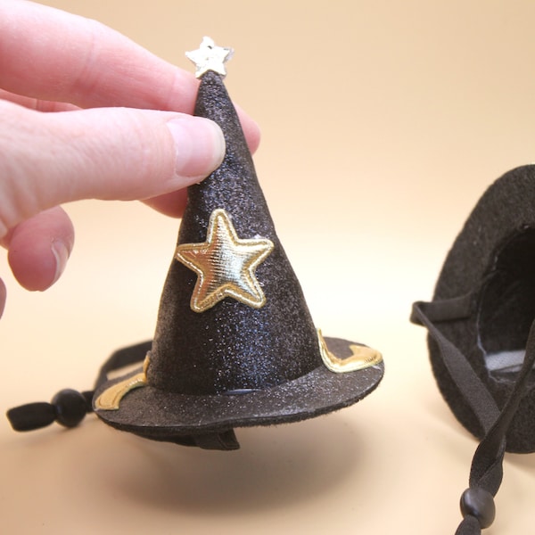 Witch Hat 1:6 Scale Soft Fabric Black Witches Hat w/ Stars for Wizard Dolls, Plushies, Halloween Tiered Tray or Dollhouse Seasonal Decor