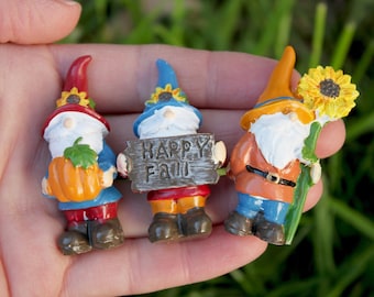 Autumn Gnomes Miniature Garden Polyresin Gnomes - Choose 1 or all 3 Tiny Figurines - Fall, Halloween, Thanksgiving Fairy Garden, Terrarium