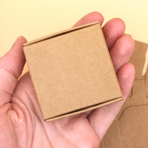May include: A small, brown cardboard box with a square shape. The box is held in a hand, and the top of the box is visible.