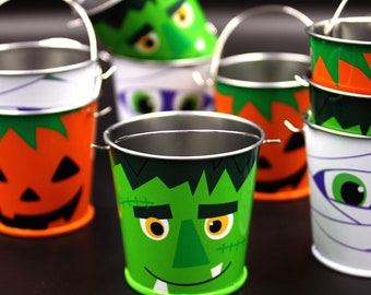 Halloween Buckets 3 Pk Miniature Metal Pumpkin, Frankenstein, Mummy or Mixed Pack Spooky Pails - Fairy Garden Pot, Candy Jar, Party Favors