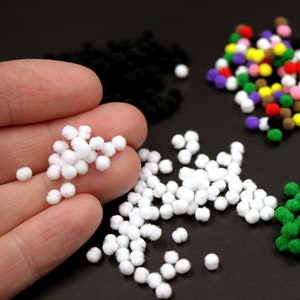 Micro 3 mm Pom Poms 100 or 300 Pk Tiny Soft Balls for Craft - White, Black, Red, Green or Mixed Colors - Ornaments, Miniature Wreaths