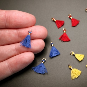 May include: Assortment of small, colorful tassels with gold metal rings. The tassels are blue, red, and yellow.