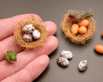 Nest with Eggs 1:6 Scale Miniature Coconut Fiber Nest with 1 cm Speckled or Brown Bird Eggs for Tiny Robin Nest or Fairy Garden Birdhouse