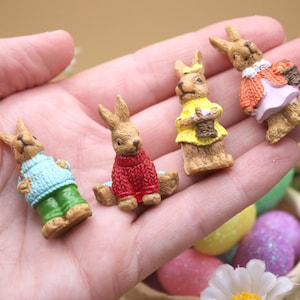 Easter Bunny 4 Pk Figures 1 1/2&quot; Micro Miniature Resin Bunnies Set - Farmer Rabbits in Clothes w/Baskets for Fairy Garden, Tiny Spring Decor