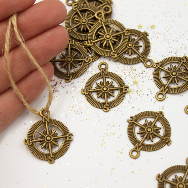 Compass Charms 10 or 20 Pk for Jewelry Making, Necklace, Earings, Keychain, Backpack, DIY Craft Project - Bronze Metal Directional Pendant