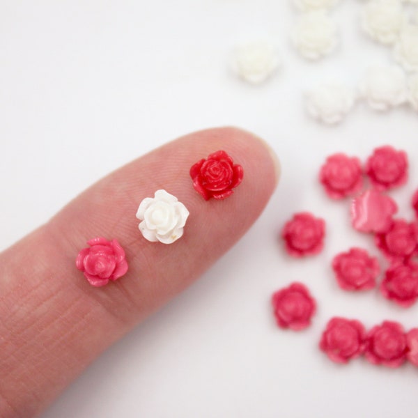 Rose Flower Blooms - 50 Pk Micro Miniature 1/4" Tiny Red, Pink or White Polyresin Roses for Fairy Garden, Terrarium, Jewelry, Nail Art