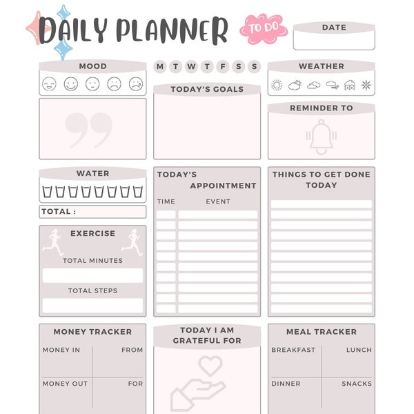 Detailed Daily Planner: Comprehensive Organizer with Mood Tracker, To-Do List, Meal Tracker, Budget Tracker - Digital Download