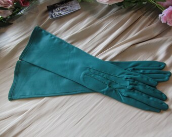 Guantes vintage Pullman satinados helenca de largo medio en color verde. Talla 7 Hecho en Inglaterra