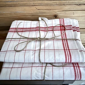 Set 3 vintage French cotton TEA TOWELS c1920 / country kitchen cloths / red liteaux towels