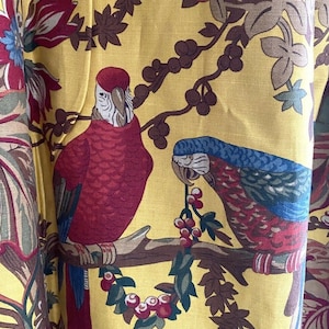 Pair vintage French LINEN CURTAINS saffron PARROT botanical decor c1960