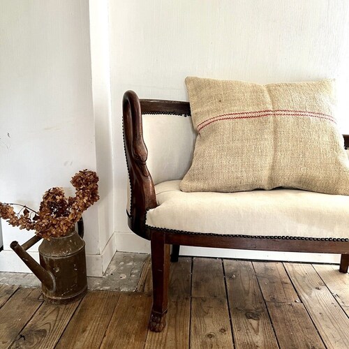 Français VINTAGE upcyclé HOUSSE coussin TOILE de sac à grain 1950 Les Toiles shops Blanches