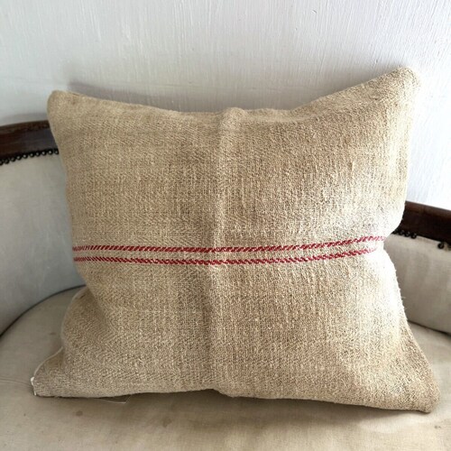 Français VINTAGE upcyclé HOUSSE coussin TOILE de sac à grain 1950 Les Toiles shops Blanches
