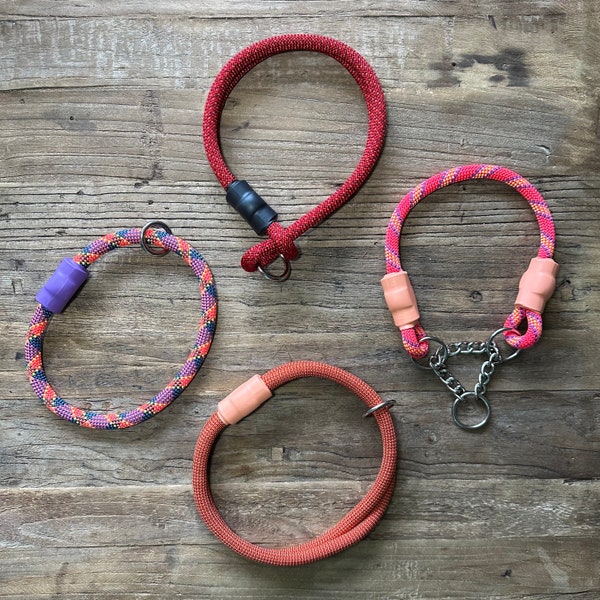 Kletterseil Hundehalsband, handgefertigt aus echten Kletterseilen, Martingale, Anzug, Slip On, Rot / Orange / Gelb Seile