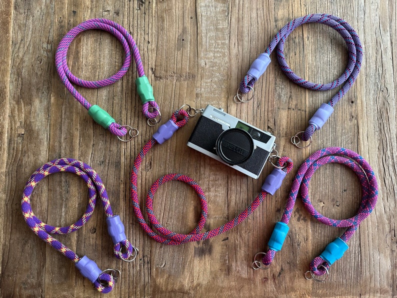 Climbing Rope Camera Straps, Neck or Wrist, Recycled Brand Name Ropes (PINK & PURPLE ropes!) image 1