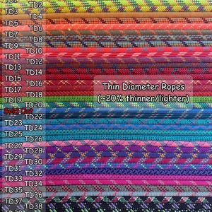 Puede incluir: Una colecci&oacute;n de cuerdas de di&aacute;metro fino dispuestas en filas horizontales, cada una con patrones de colores distintos y etiquetadas con c&oacute;digos de TD1 a TD39. El texto Thin Diameter Ropes (~20% thinner/lighter) es visible a la derecha.