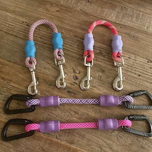 Safety Clip, Secondary Leash/Collar to Harness Attachment - Safety, Training Accessory (Pink/Purple, Orange/Red/Yellow Ropes)