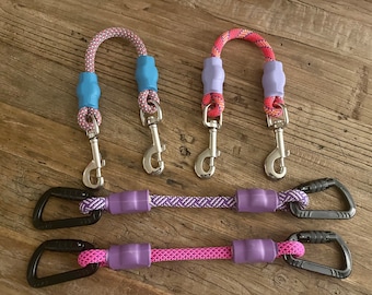 Safety Clip, Secondary Leash/Collar to Harness Attachment - Safety, Training Accessory (Pink/Purple, Orange/Red/Yellow Ropes)