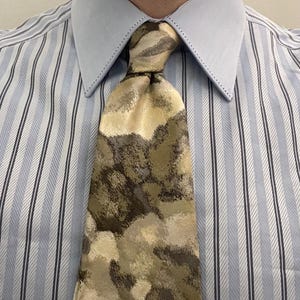 Puede incluir: Una corbata con un patr&oacute;n abstracto y moteado en tonos beige, verde oliva y marr&oacute;n oscuro, combinada con una camisa de vestir azul claro con rayas verticales blancas y azul oscuro y un cuello puntiagudo y estructurado.